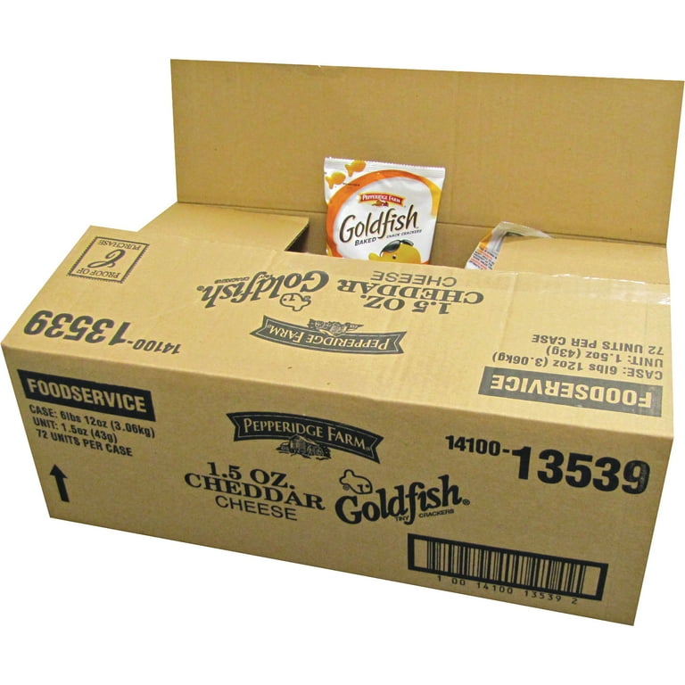 Goldfish Pepperidge Farm Goldfish Shaped Crackers - Trans Fat Free - Cheddar - 1 Serving Bag - 1.50 oz - 72 / Carton Goldfish Pepperidge Farm Goldfish Shaped Crackers - Trans Fat Free - Cheddar - 1 Serving Bag - 1.50 oz - 72 / Carton