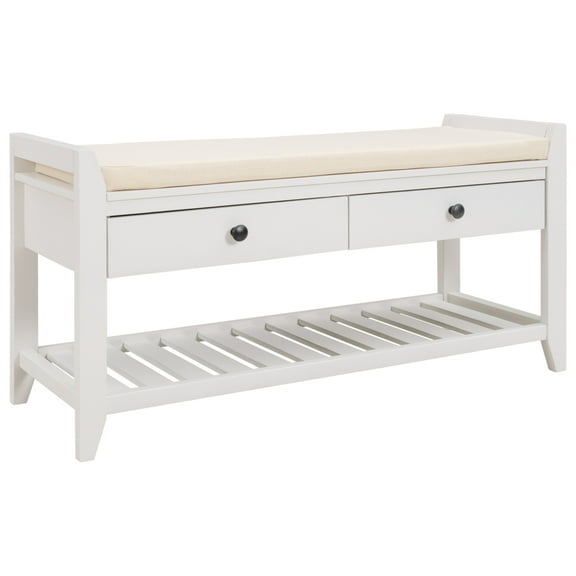 Upholstered Shoe Rack Bench with Cushioned Seat, Storage Drawers and Bottom Shelf, Wooden Entryway Shoe Bench with Legs, Narrow Rectangular Storage Bench for Entryway Laundry Room Bedroom, White