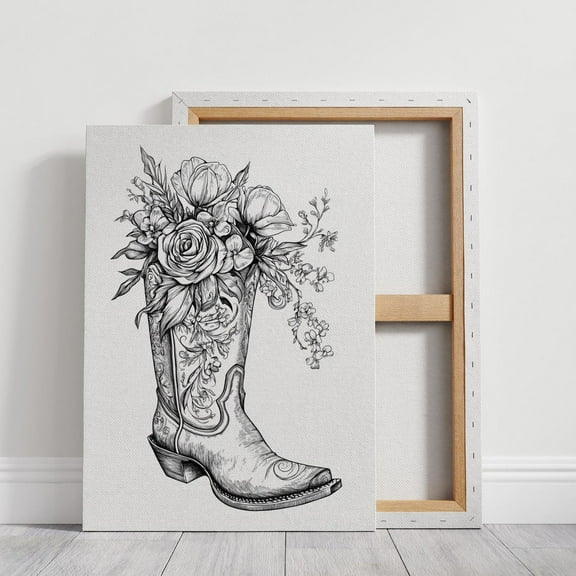 Velto Floral Cowboy Boot Ink Illustration Canvas - Western Rustic Wall Art, SIZE 8x10 INCLUDE Pine Wood Frame 1.25-Inch