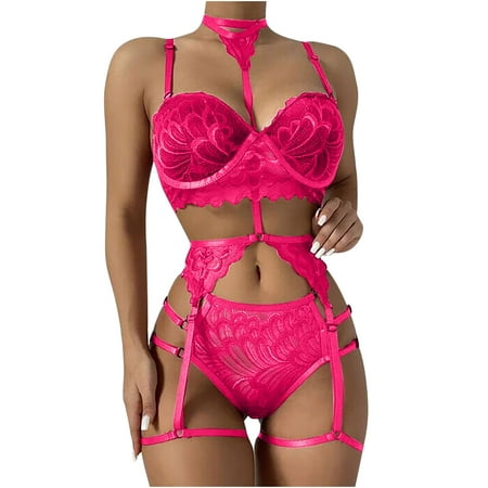 

QENGING Lingerie for Women Lace V Neck Sexy Bodysuits Set Solid Color Bralette Panty Strappy Embroidery Deals of The Day