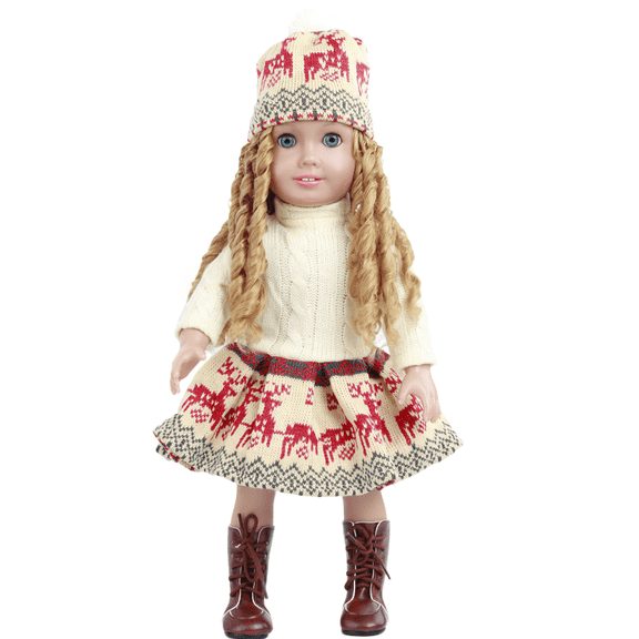 Knit Reindeer Dress with Hat Wig with Full Curls and Tall Boots – Fits 14-Inch and Up Dolls (Doll Not Included)