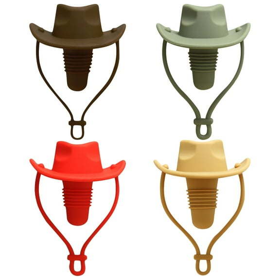 4 PCS Cowboy Hat Silicone Wine Stoppers, Leakproof Bottle Corks for 0.6 to 1 in Openings, Decorative Bottle Stopper Set, Sombrero Design, Suitable for Wine Bottles, Bar, Party, Home Use