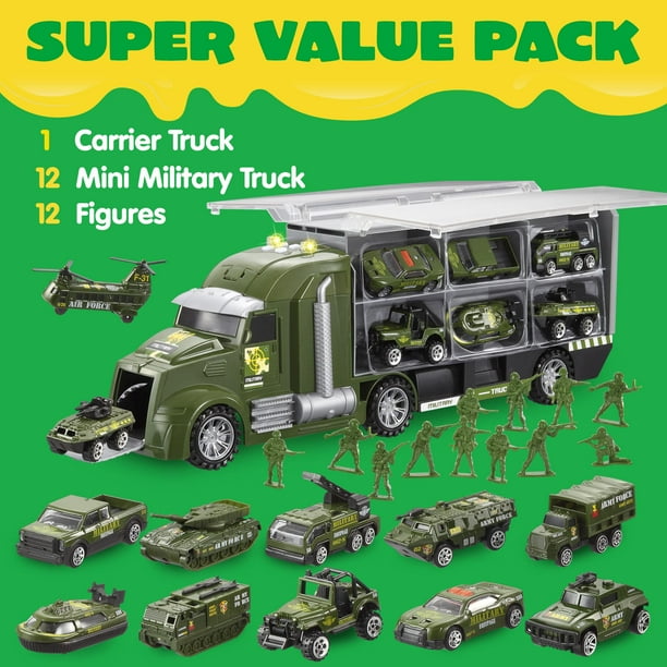 JOYIN 25 in 1 Green Military Big Truck Toys Army Men Tanks Set with Soldier Men Mini Battle Car Toy in Carrier Truck with Lights and Sounds Gifts for Toddler Kids Boys