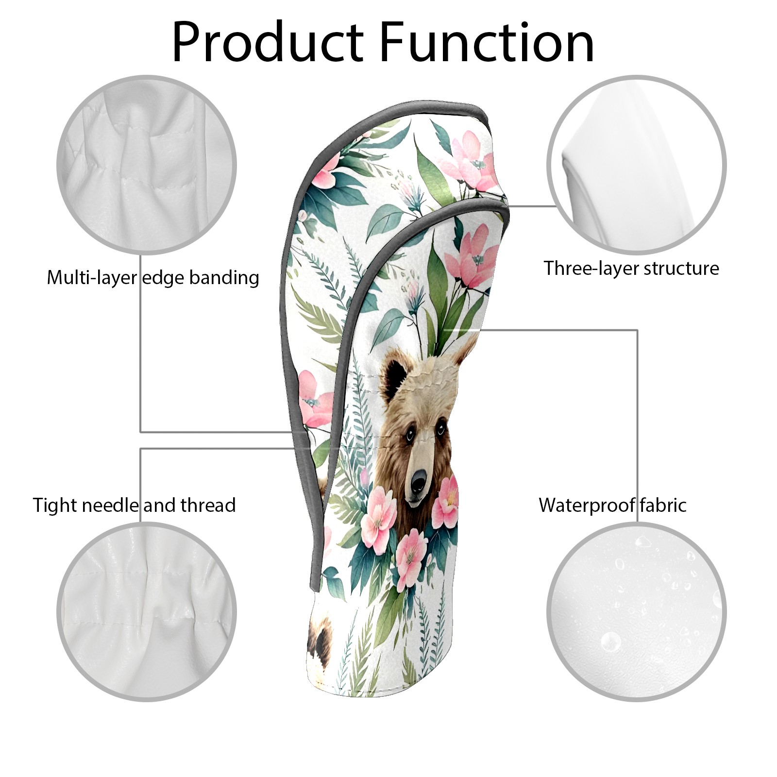 Golf Club Covers, Brown BearFlower Premium PU Leather Driver Hybrid Putter Head Covers with Velvet Lining, Waterproof Golf Gifts for Men Women