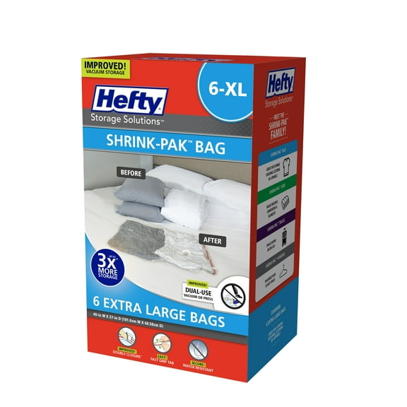 Hefty Shrink-Pak 6 Extra Large Vacuum Compression Storage Bags, Closet Organizers, Adults and Tweens