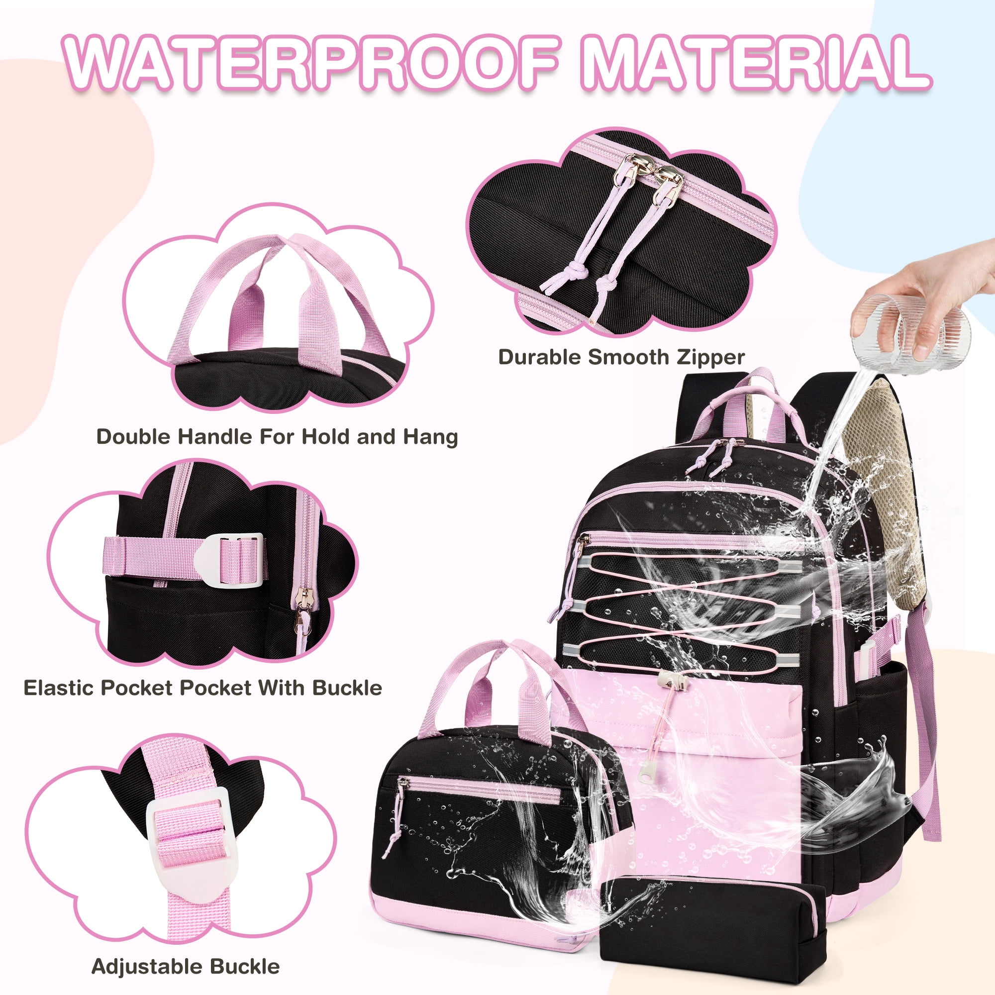DAKIMOE 3 PCS School Backpacks for College Teens Cute Girlish Middle High School Bookbag Large Capacity Lightweight Waterproof Daypack for Students