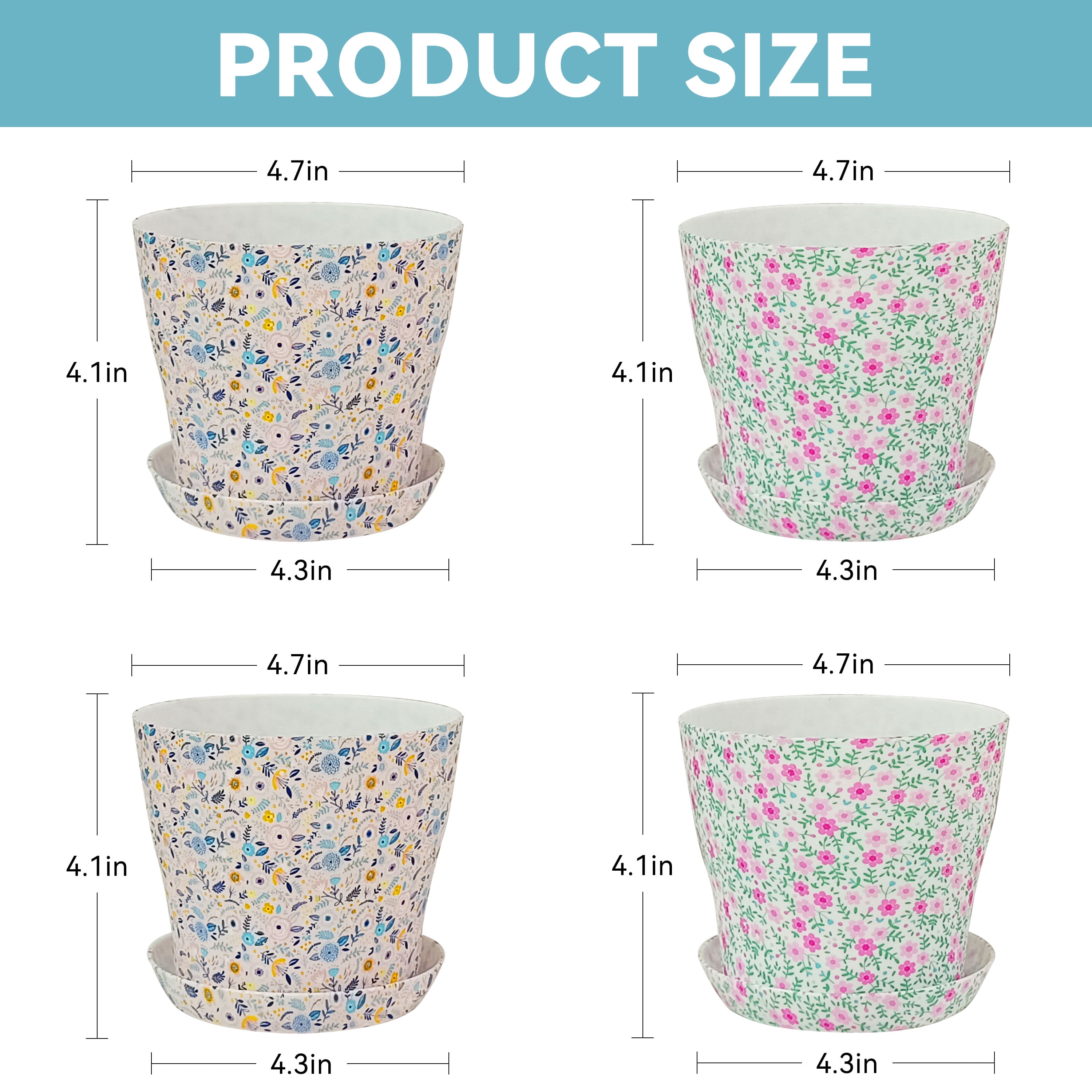 Set of 4 Plastic Printed Planters with Drainage Holes and Saucers,Diam 4.7Inch Home Decor Flower Pots for Indoor Planter - Plastic Planters Pot for Indoor Plants, Cactus, Succulents