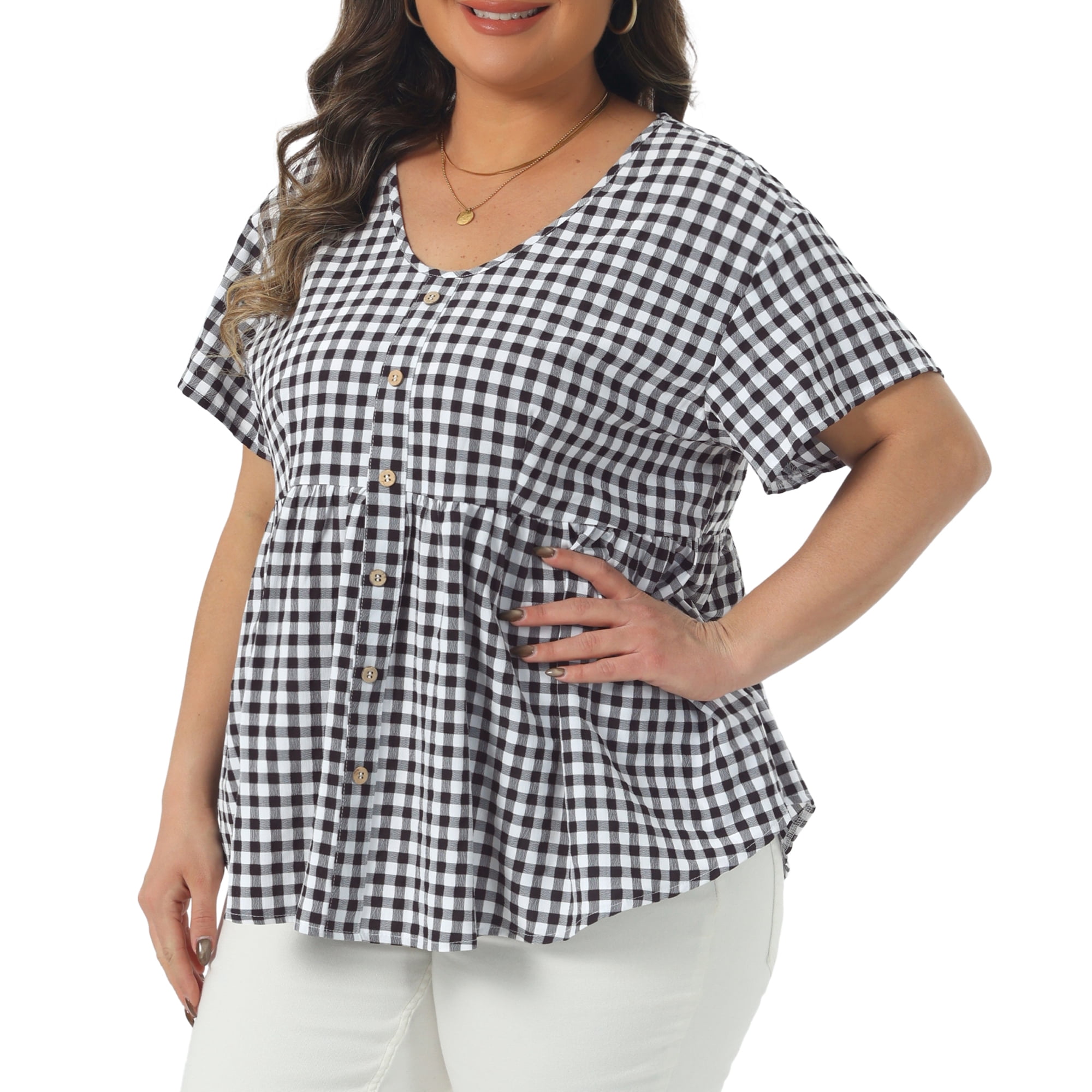 Women's Plus Gingham Tops Plaid Short Sleeve V Neck Summer Babydoll Top 4X Black