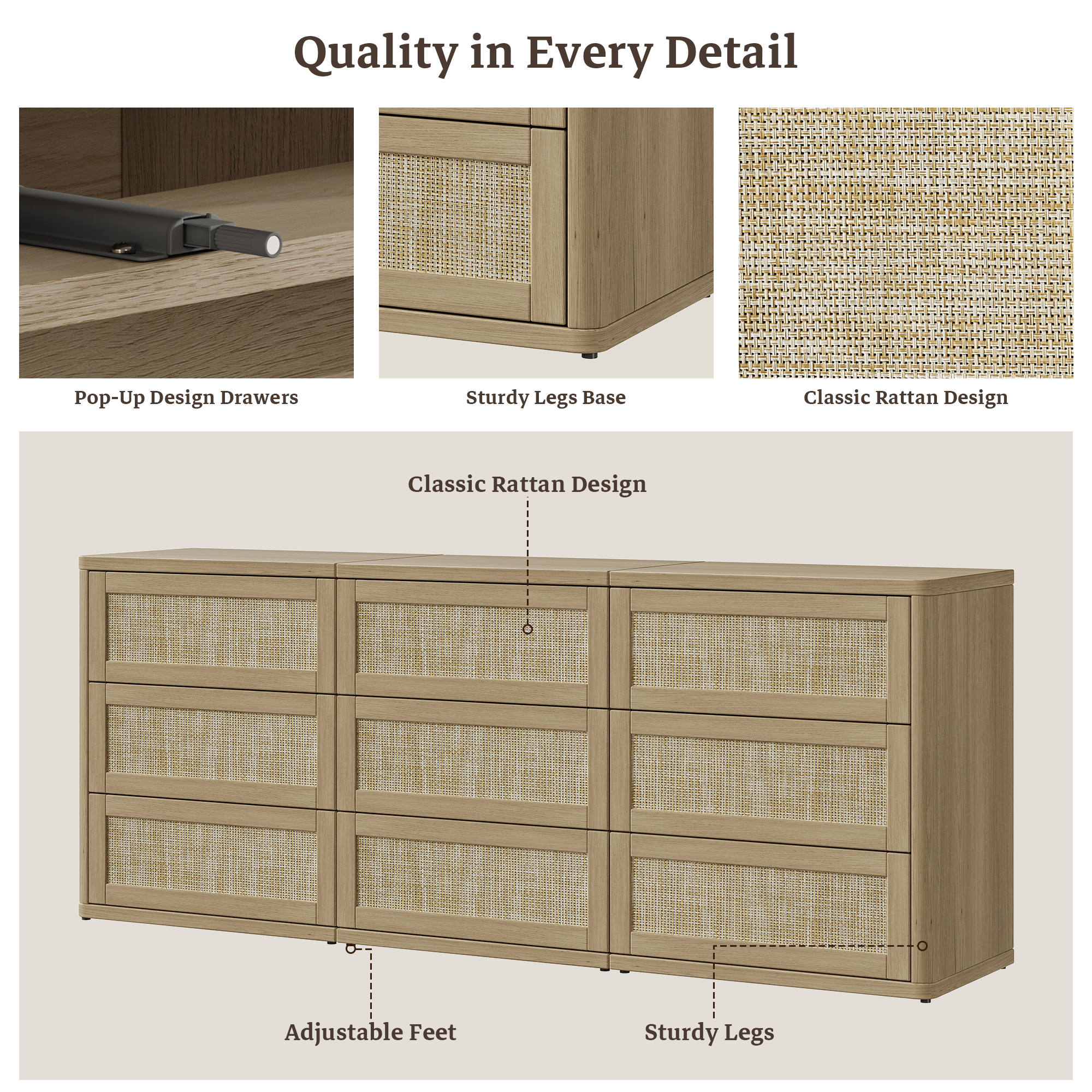 SICOTAS 103.4" Wide 12 Drawer Modular Rattan Dresser,Extra Long Dresser with Rattan Chric & Pop-up Drawers for Bedroom Living Room, Amber Oak