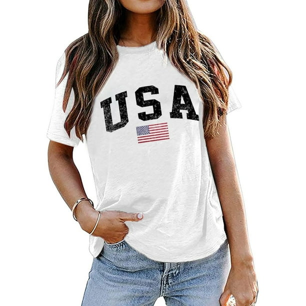 Women's "uSa" Letter Print with american Flag Graphic Tshirt, Breathable Cotton Fabric, Casual Wear