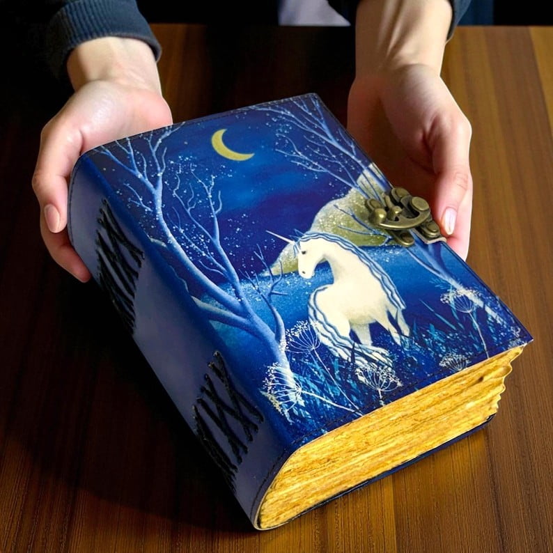 Handmade Leather Journal with Unicorn Design – 5x7 Inch | 200 Handmade Pages | Vintage Deckle Paper | Locking Clasp | Gift Notebook