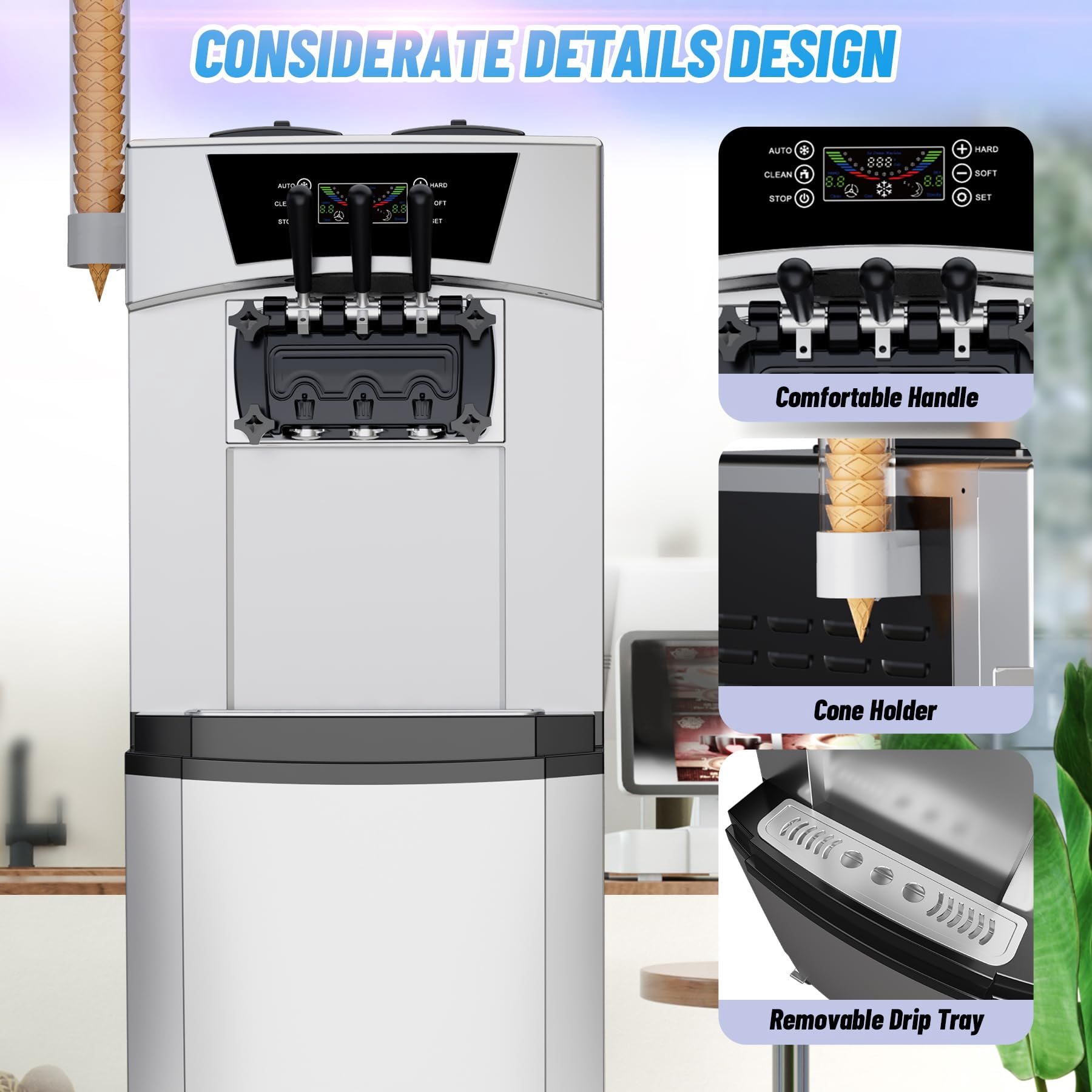 Soonbuy 2+1 Flavor Soft Serve Ice Cream Maker Machine Commercial, 5.8-8 Gal/Hr 2200W Soft Serve Machine with LCD Display, Auto Clean Pre-Cooling High Productivity for Restaurants & Snack