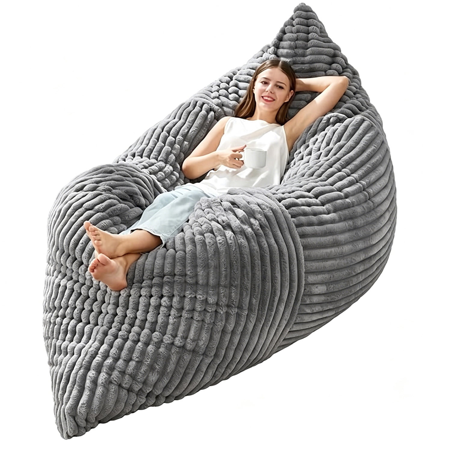 Hommoo Ergonomic Striped Bean Bag Chair, Floor Lounger with Machine-Washable Corduroy Cover, Full-Body Relaxation Sofa for Home, Light Grey