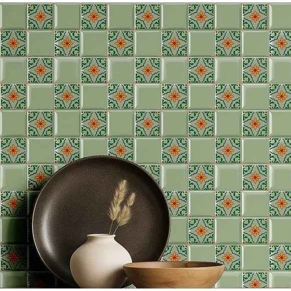 S4Sassy Mosaic Tile Wallpaper - Green Wall Covering, 25" X 360" Self-Adhesive Plain Vinyl Wall Paper, Walls Wrap, Botanical Removable Wallpaper For Bedroom, Nursery, Study