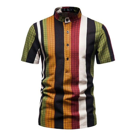 Seyurigaoka Men Summer Casual Tops,Short Sleeve Color Contrast Stripe/Flower Printed Slim Fit Shirt