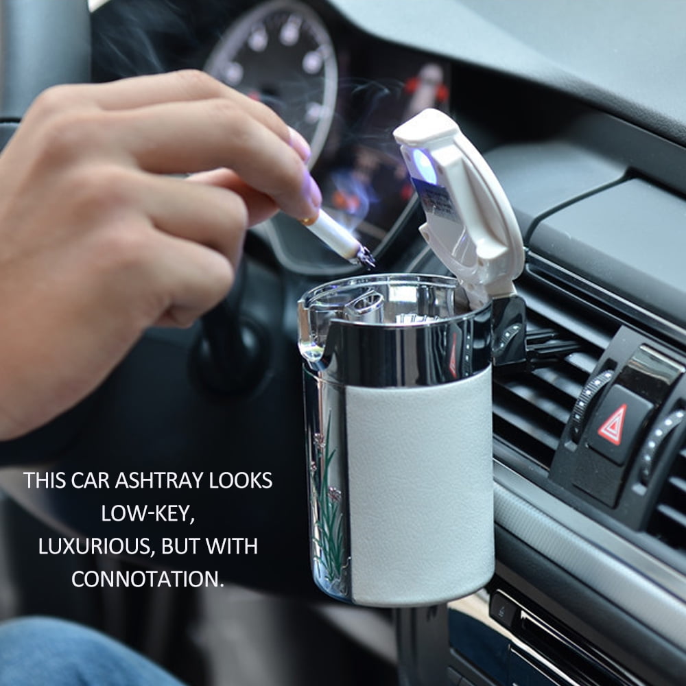 Car Portable Cigar Cigarette Ashtray Smokeless Carbon Fiber Car Ashtray With Led Light Cylinder