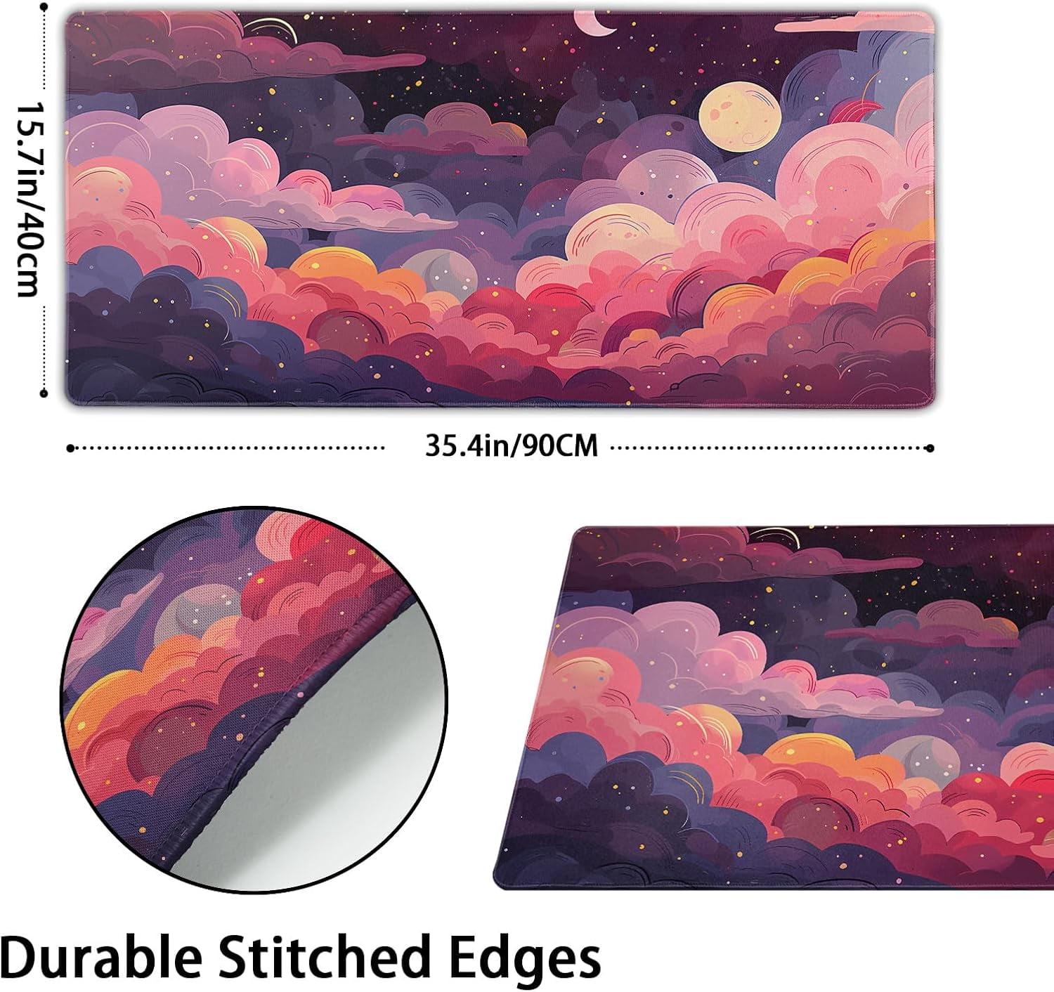 Cute Rainbow Cloud XXL Gaming Mouse Pad 35.4x15.7in Pink Purple Kawaii Design, Extended Large Mousepad, NonSlip Rubber Base, Stitched Edges, Ideal for Home Office