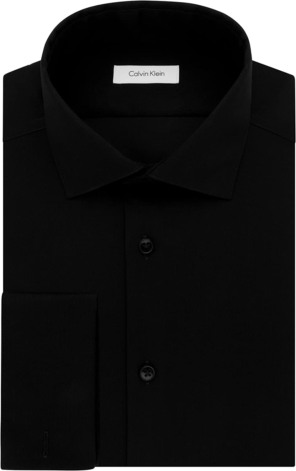 Calvin Klein Men's Dress Shirt Slim Fit Non Iron Herringbone French Cuff, Black, 15