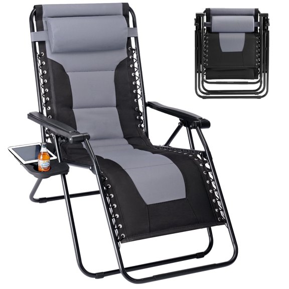 CONCETTA Padded Zero Gravity Chair, Lounge Chair with Removable Cushion and Trays,Folding deck chair patio chair, Lawn Lounger, Black & Gray