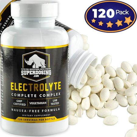 SuperDosing Nausea-Free, Complete Electrolyte Tablets 120 Pack. Rehydration Supplement - Calcium Magnesium Potassium Salt. Stop Muscle Cramps. Oral Replacement Pills Great for Keto Running and (Best Muscle Building Pills 2019)