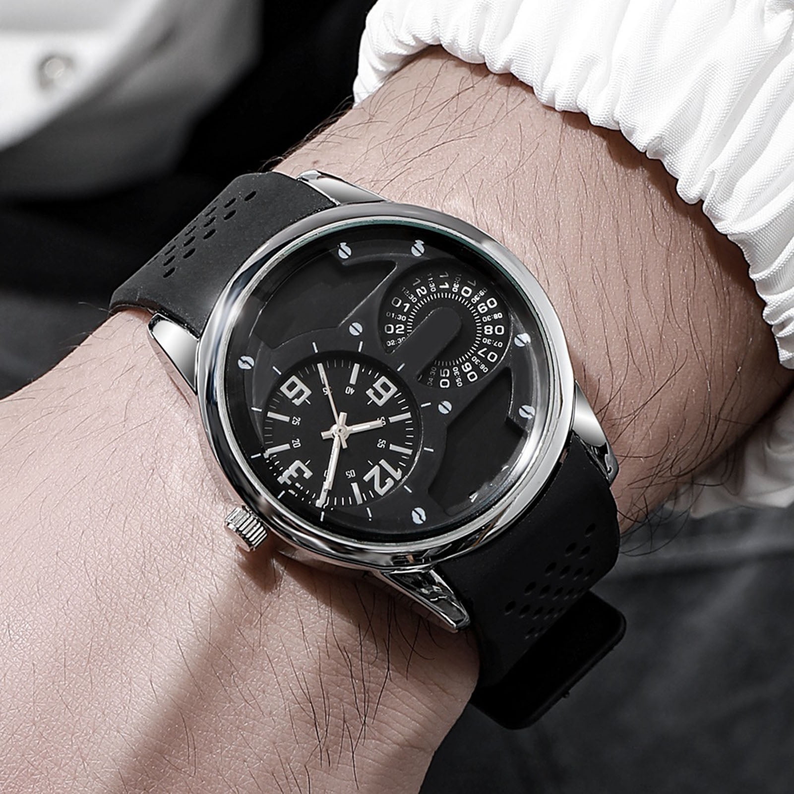 わっぷる Wharick Men Watch Dual Round Dial Silicone Strap Pin Buckle