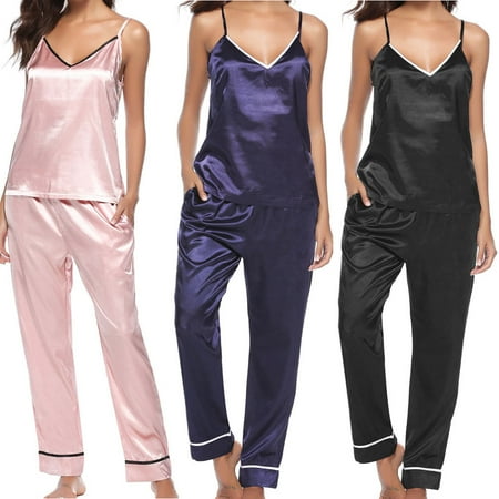 

Women Silk Satin Pajamas Set Sleepwear Loungewear Sleeveless Top Long Pants