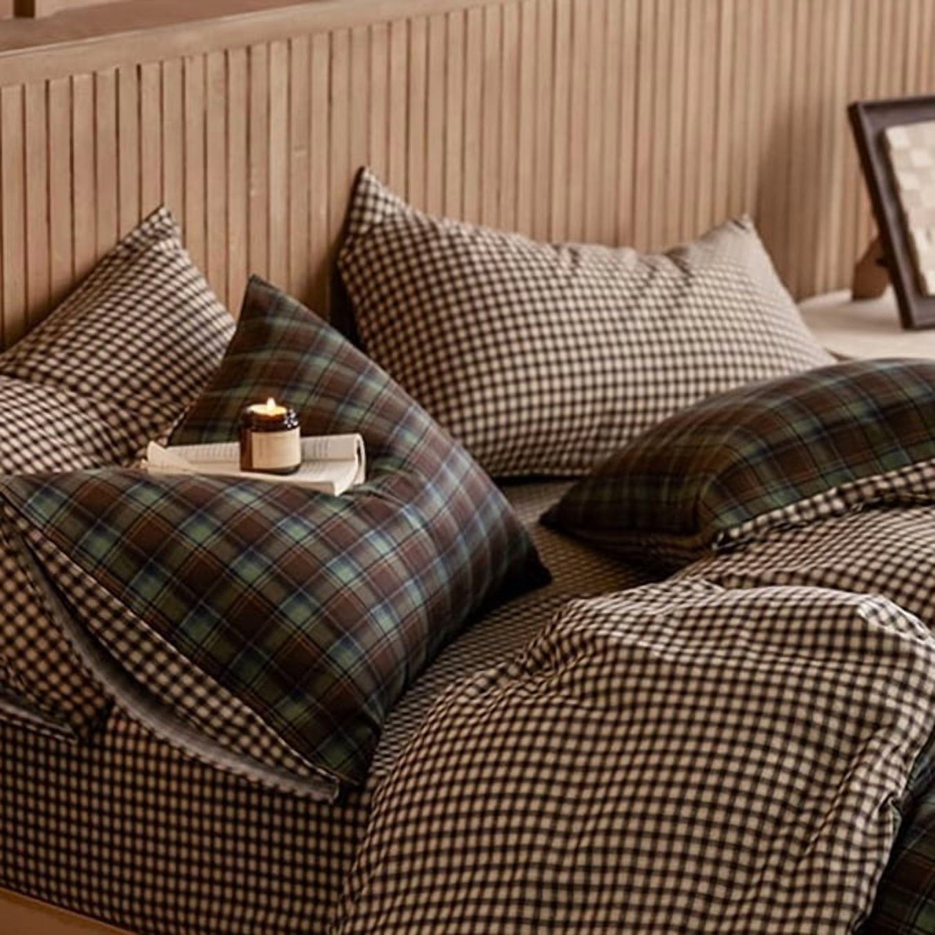 JOLUSERE Green Brown Plaid Duvet Cover King Set, 3-Piece Vintage Beige Brown Grid Checkered Pattern Soft Comforter Cover
