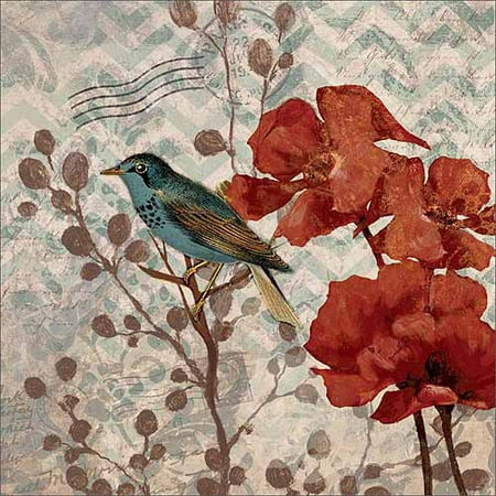 Birds On A Branch Bird on Branch Red Flowers Chevron Pattern Painting Red & Blue Canvas Art by Pied Piper Creative ()