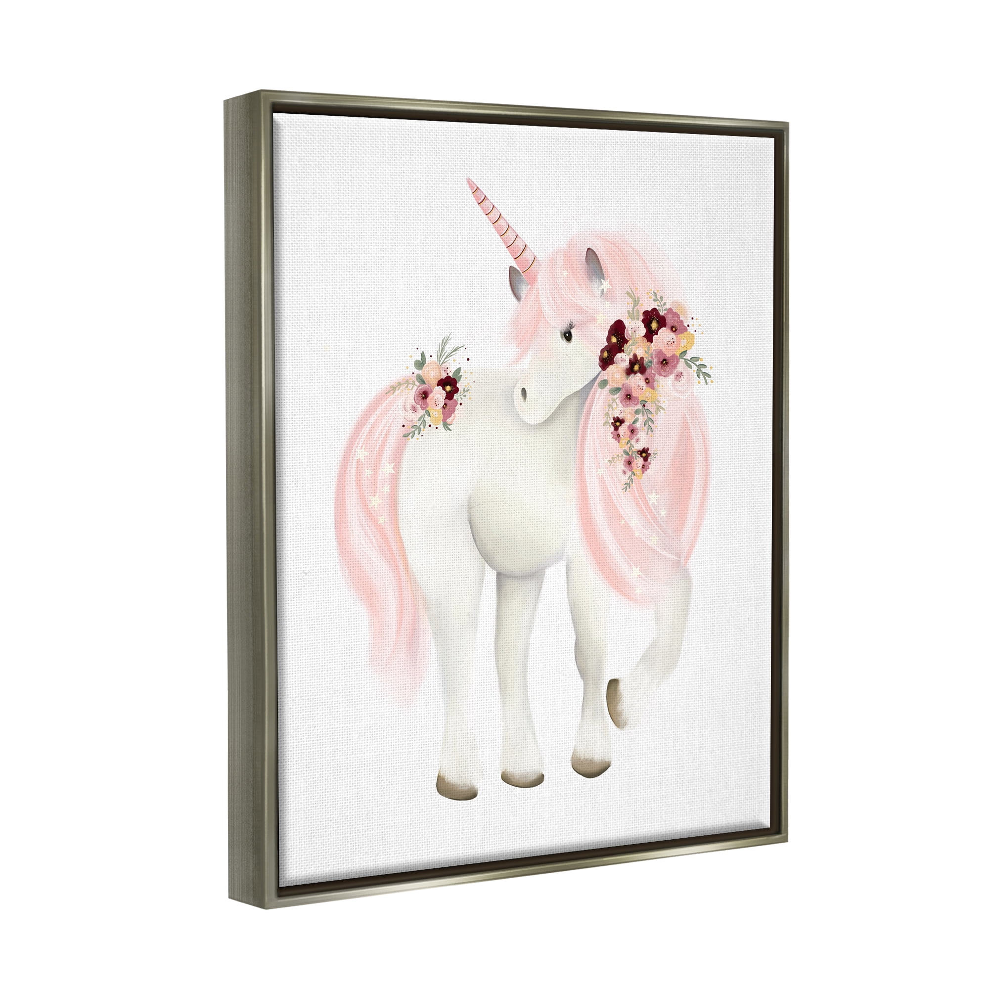 Stupell Industries Pastel Floral Unicorn Fairy Tales & Fantasy Painting Gray Floater Framed Canvas Art Print Wall Art, 25 x 31