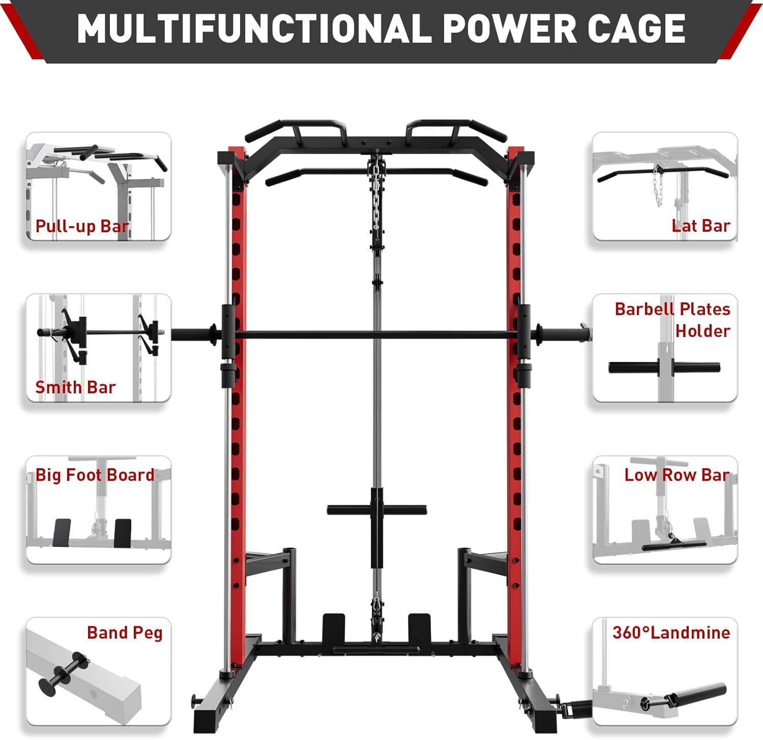 VIBESPARK Smith Machine Squat Rack, All-in-One Power Rack Cage with LAT-Pull Down System & Cable Machine, Power Cage with Barbell Bar, Weight Storage and More Attachment for Home Gym Workout
