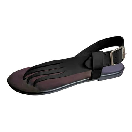 CHOII Clearance Women s Fashion Sandals Round Toe Clip Buckle Flat Bottom Side Hollow Large Size Sandals Comfortable Shoes With Ergonomic Soles Flip Flops Ankle Strap Sandals Black/5.5