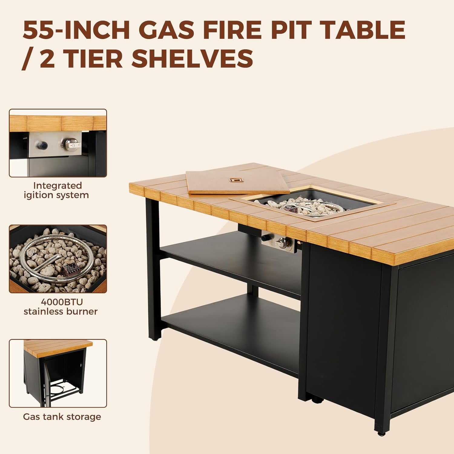 Grand Patio 55''Outdoor Gas Fire Pit Table, 40000 BTU Patio Propane Fire Pit with 2 Tier Shelves