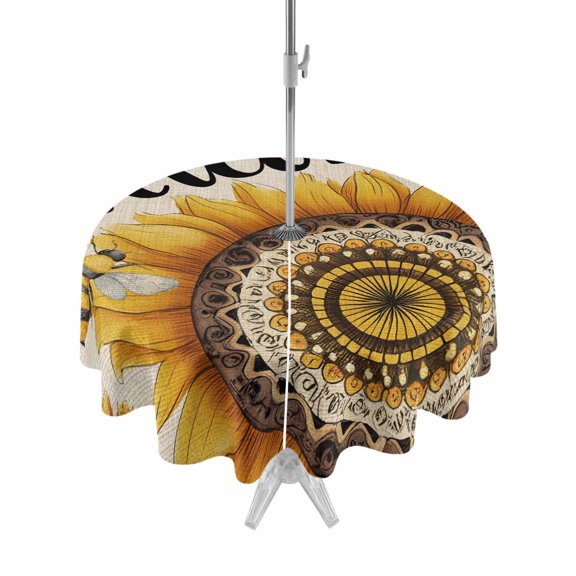 Outdoor Tablecloth with Umbrella Hole for Patio/Picnic/Party/Camping, Welcome Waterproof Table Cloth Round Cover Washable, Summer Sunflowers Bohemia Floral Rustic Beige (Dia 54")