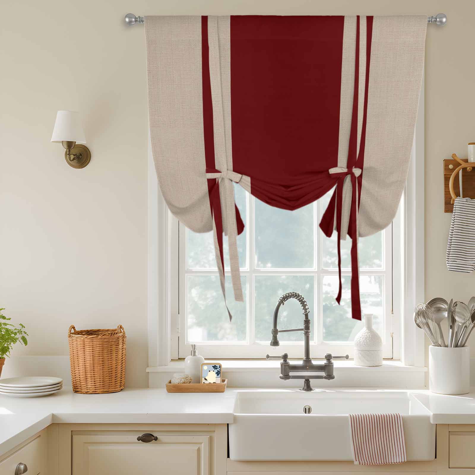Red Vertical Stripes Tie Up Curtain for Window, Abstract Vintage Linen Texture Minimalist Adjustable Tie Up Balloon Curtain Valances Rod Pocket Window Treatment for Kitchen Bathroom Bedroom 42"x63"