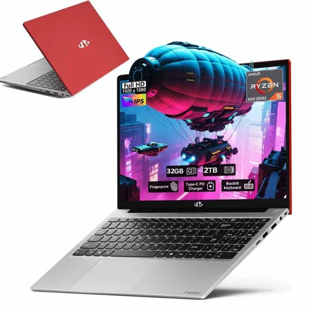 15.6" IPS FHD-Gaming-Laptop, AMD Ryzen 5 6600H 6-Cores 660M GPU 32GB DDR5 RAM 2TB SSD(Beat i7-1165G7, Up to 4.5GHz) Computer with 100W GaN Type C Fingerprint Backlit Keyboard Win 11