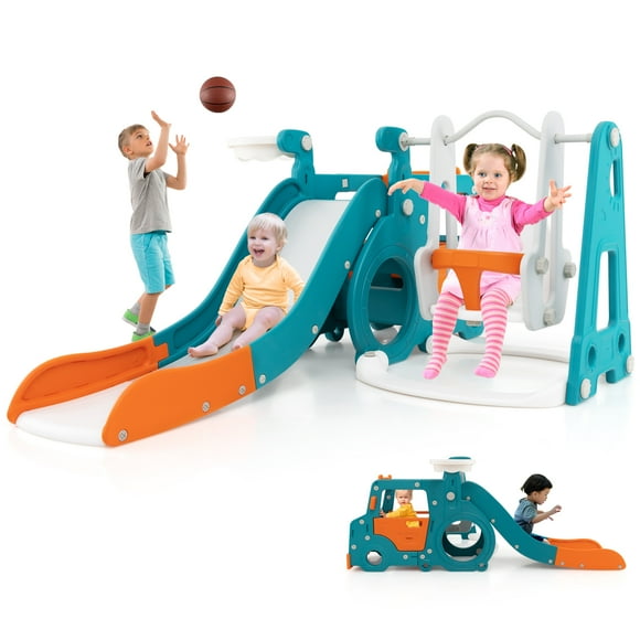 Patiojoy Toddler Slide Set Freestanding Slide Themed Baby Slide with Basketball Hoop and Swing Baby Slide Playset 5-in-1 Indoor Playground with Basketball and Pump