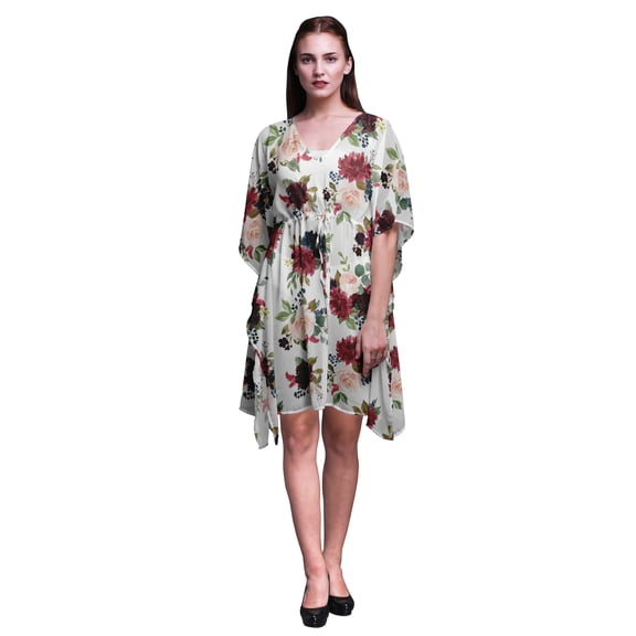Bimba White Floral Leaves & Peony Ladies Kaftan Holiday Loungewear Midi Dress Beach Coverup-XL-3X