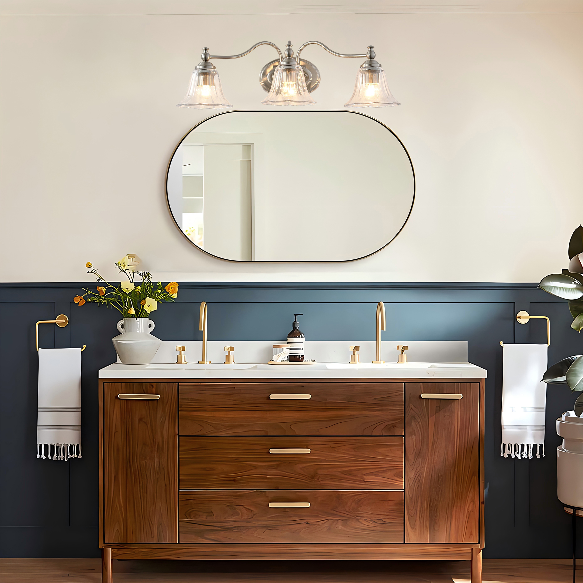Brushed Nickel Vintage 3-Light Vanity Light, Bathroom Mirror Light with Floral Glass Shades, Farmhouse Wall Sconce for Bedroom