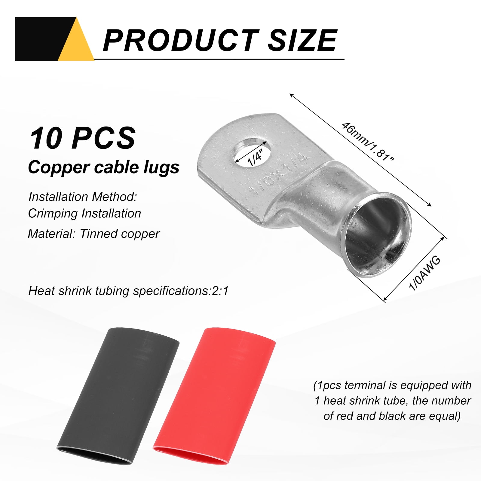 10pcs 1/0 AWG M6 Battery Lugs Ring Terminal, 1/4" 6mm Stud Crimp Wire Terminal Connector End Copper, 2:1 Heat Shrink Tubing, Silver