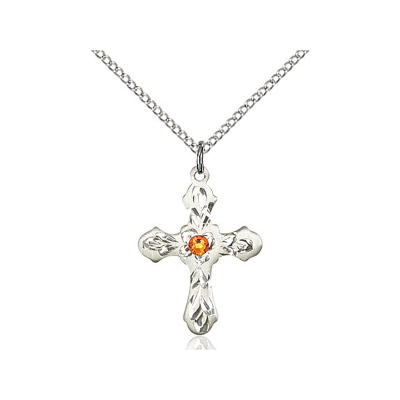 Sterling Silver Cross Pendant with 3mm November Yellow Swarovski Crystal 7/8 x 5/8 inches with Lite Curb Chain