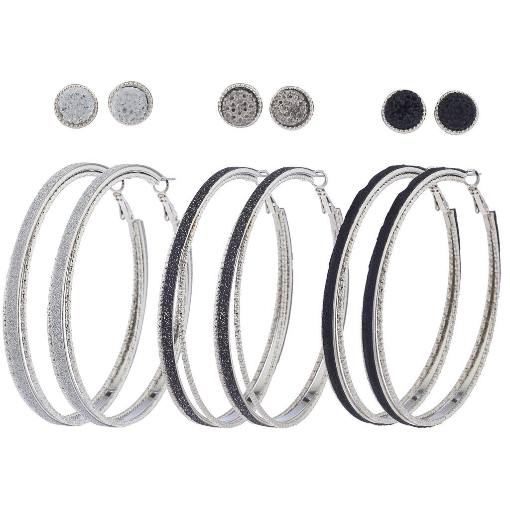 Lux Accessories Silvertone Hem Black Caviar Glitter Multi Earring Pack
