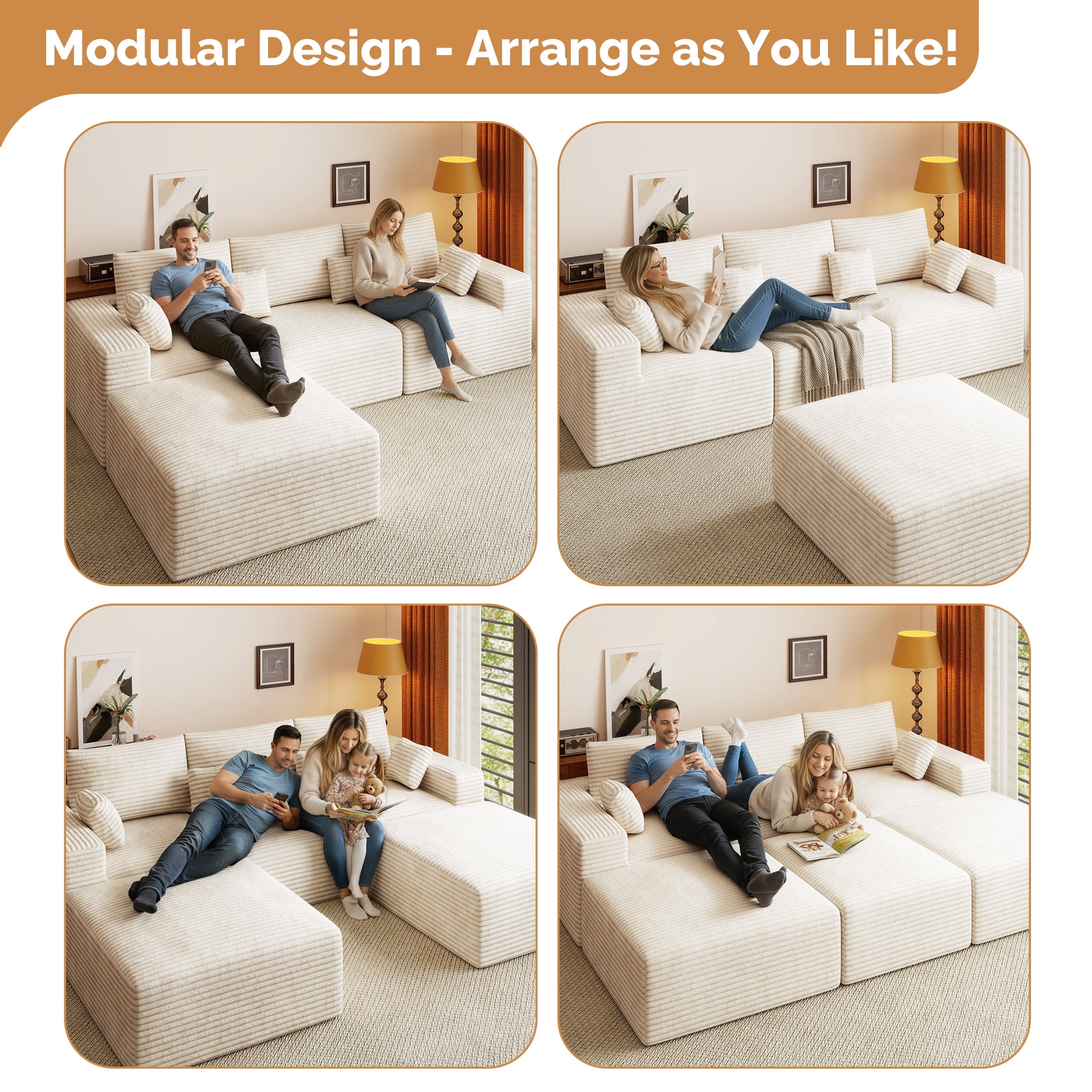 Daluvenix 113" Modern Modular Sectional Sofa Bed 6 Seater Boneless Couch Sofas Set Convertible Corduroy Cloud Couches for Living Room