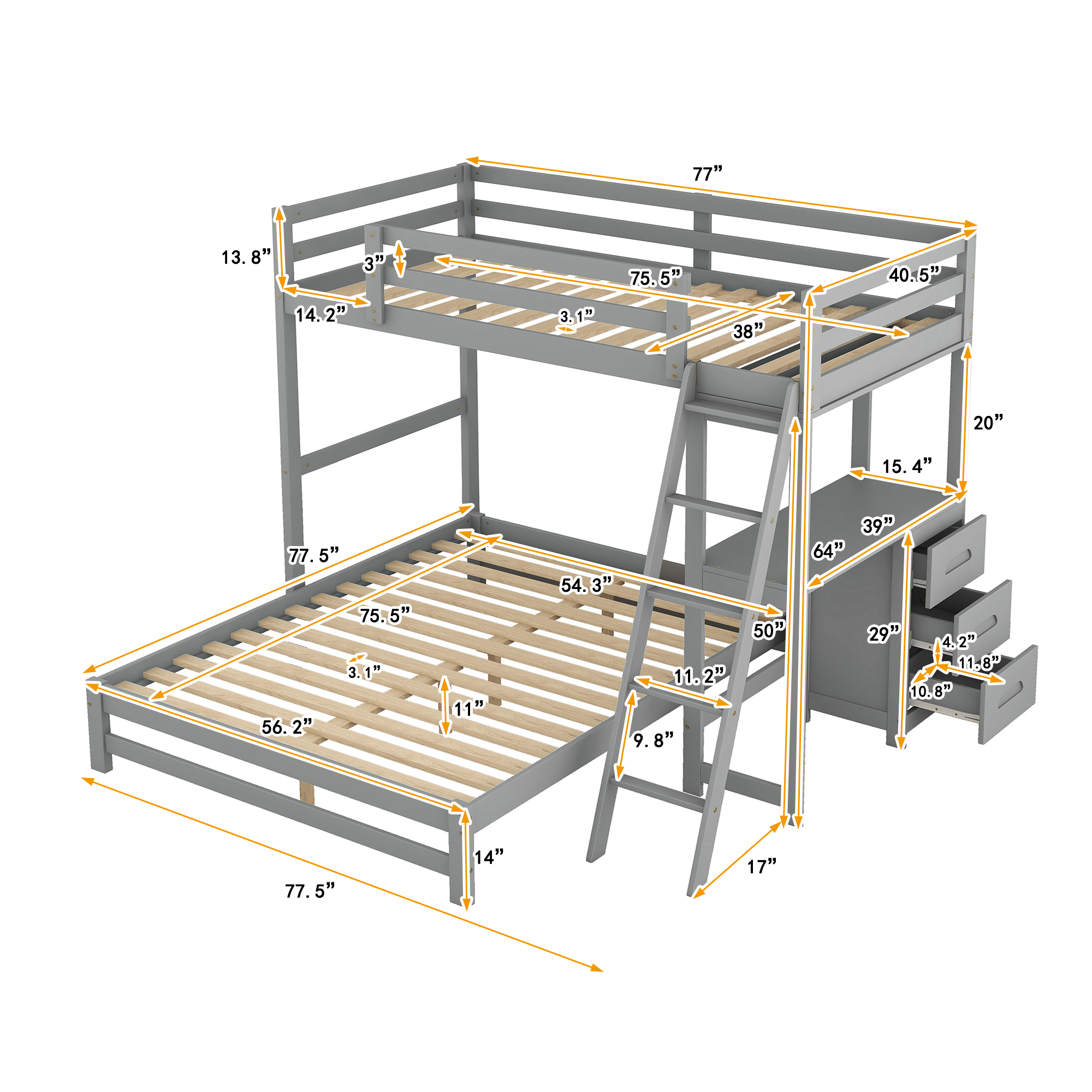 EUROCO Twin over Full Bunk Bed with Desk and Drawers for Kids Room ...