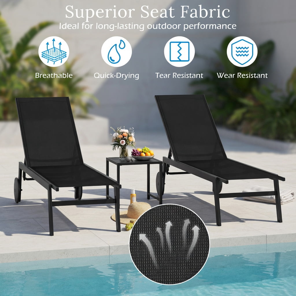 Hommoo 2-Pack Patio Chaise Lounge Chairs with 6-Position Adjustable Backrest, Rolling Wheels & Sturdy Metal Frame for Poolside, Deck & Backyard, Black
