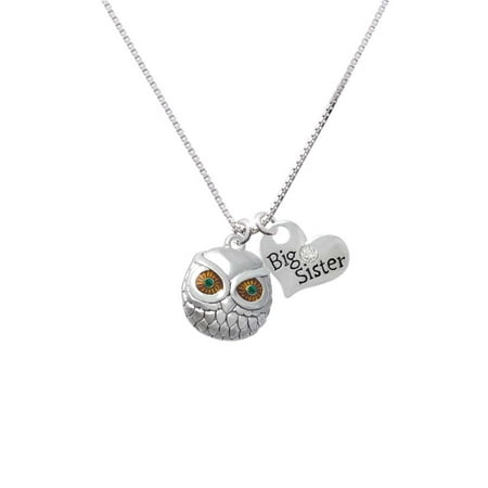Eyed Owl Pendant - Silvertone Large Round Owl with Green Crystal Eyes Big Sister Heart Necklace