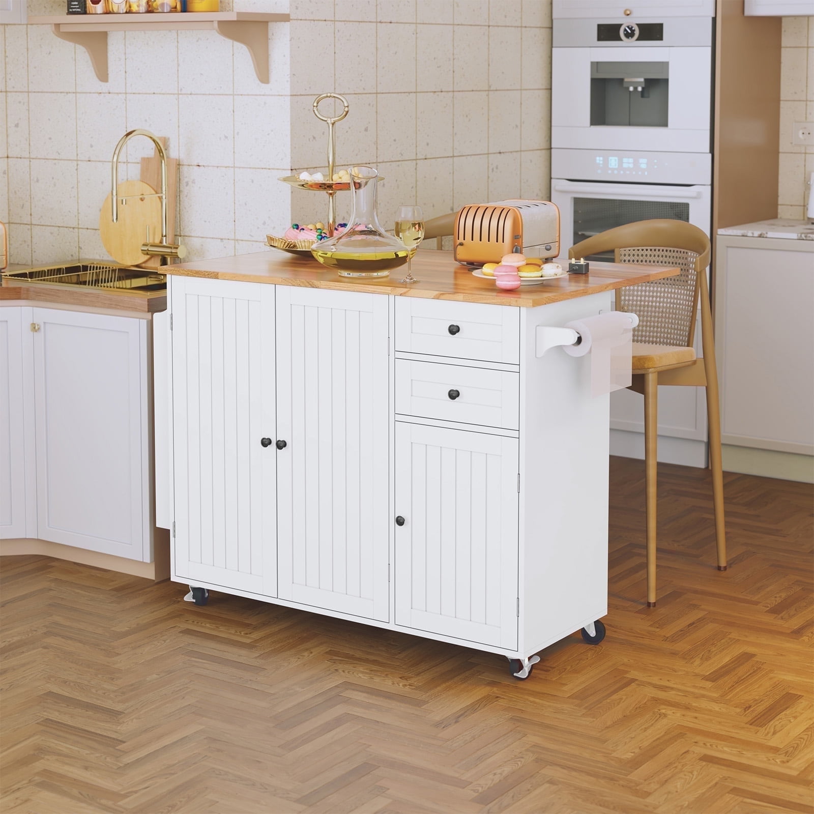 CBJCBJ 50.4" Kitchen Island with Storage, Wood Top Cart with Drop Leaf and Wheels, White