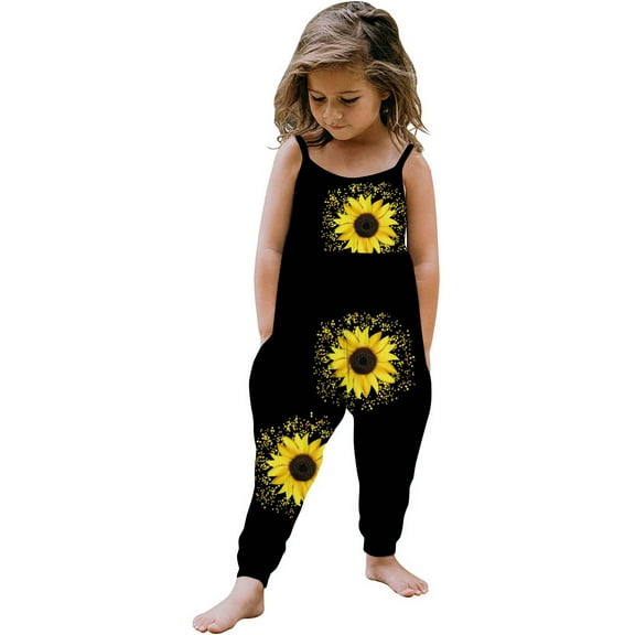 Odeerbi 1-6 Years Toddler Girls Summer Jumpsuit Sunflower Camisole Romper Casual Breathable Comfortable Overalls Strap Bib Overall Pants Playsuit