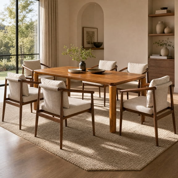 Christopher Knight Home 7-Piece Contemporary Dining Set, 70" Table with Iron Chairs and Cushion, Walnut Beige