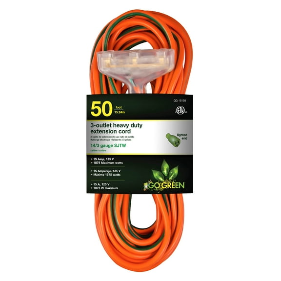 GoGreen Power (GG-15150) 14/3 50’ SJTW 3-Outlet Heavy Duty Extension Cord, Lighted End, 50 Ft