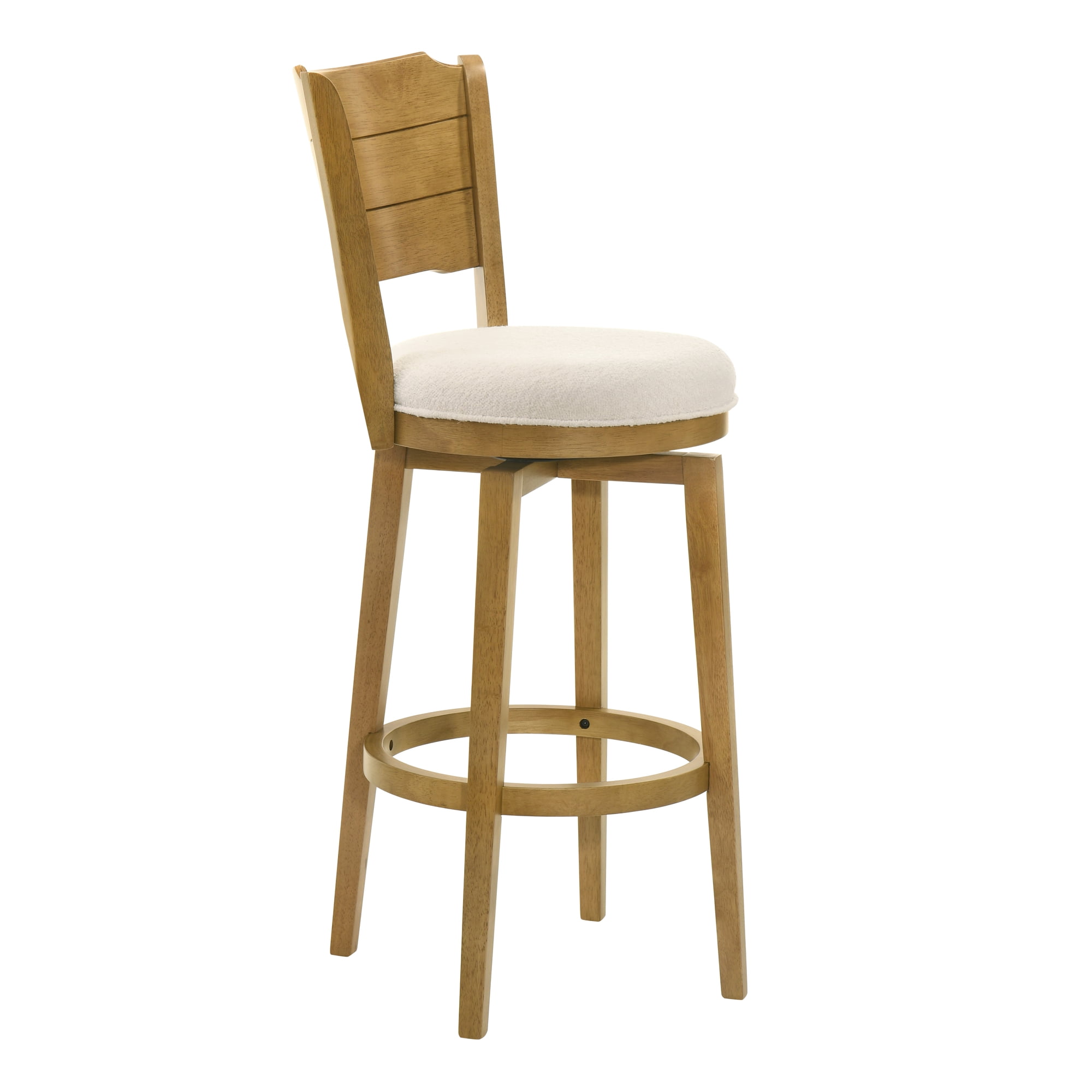 Winsley Coastal Modern Swivel Wood Bar Height Kitchen Bar Stool in Amber Glow Finish with White Boucle Fabric Upholstered Seat - Set of 3